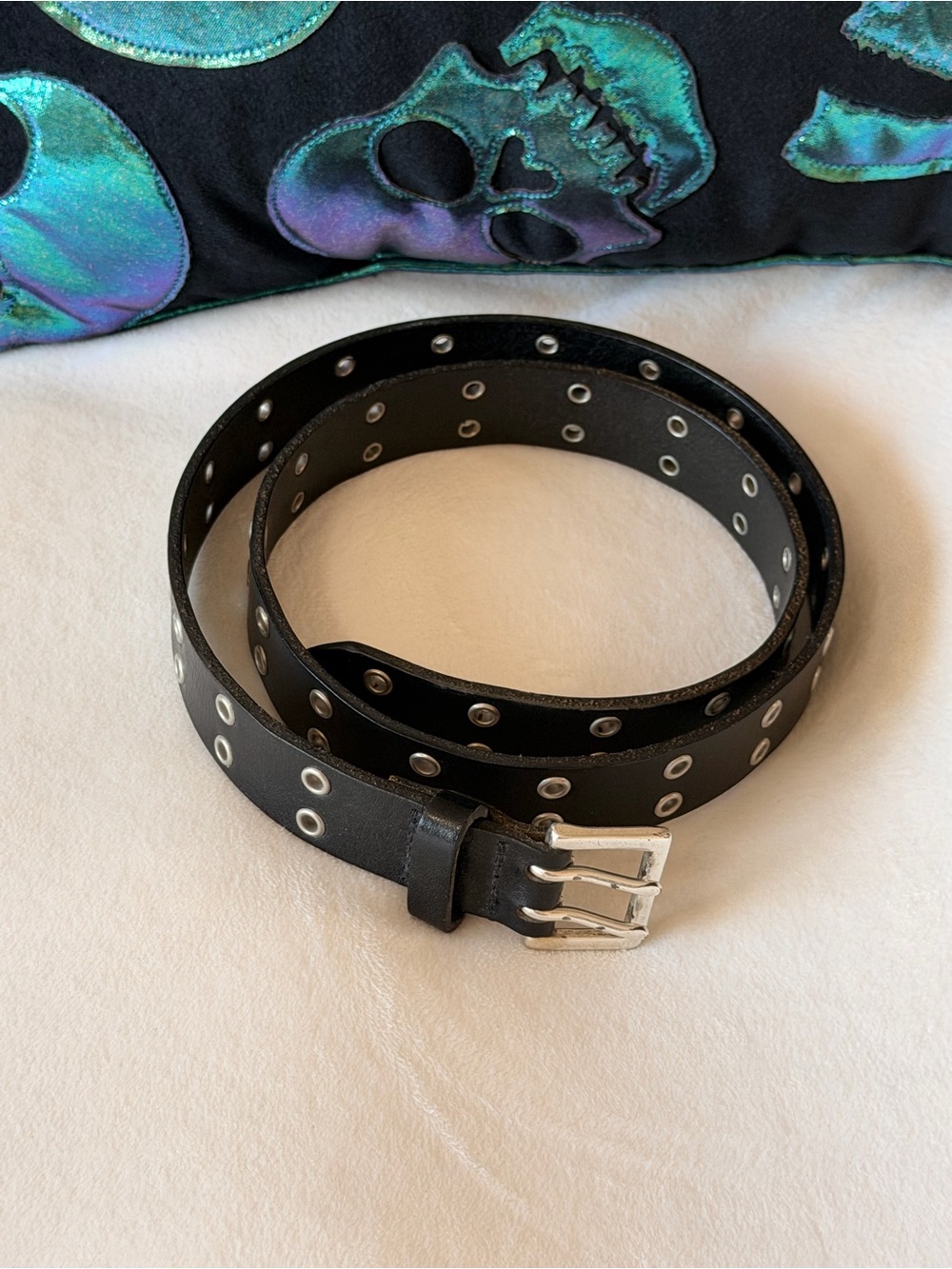 Vintage Black Leather Double Prong Grommet Belt Solid Brass Buckle 36.5”